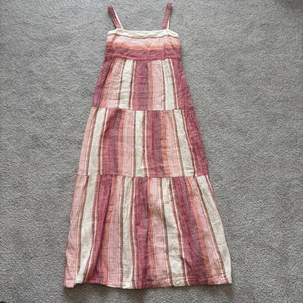 Faherty Sarah Tiered Maxi Dress Womens M Pink Striped Cotton Gauze Beach Summer